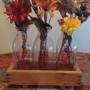 Vintage Rustic Milk Glass Bottles Larson's Dairy Iron River, with Wooden Holder